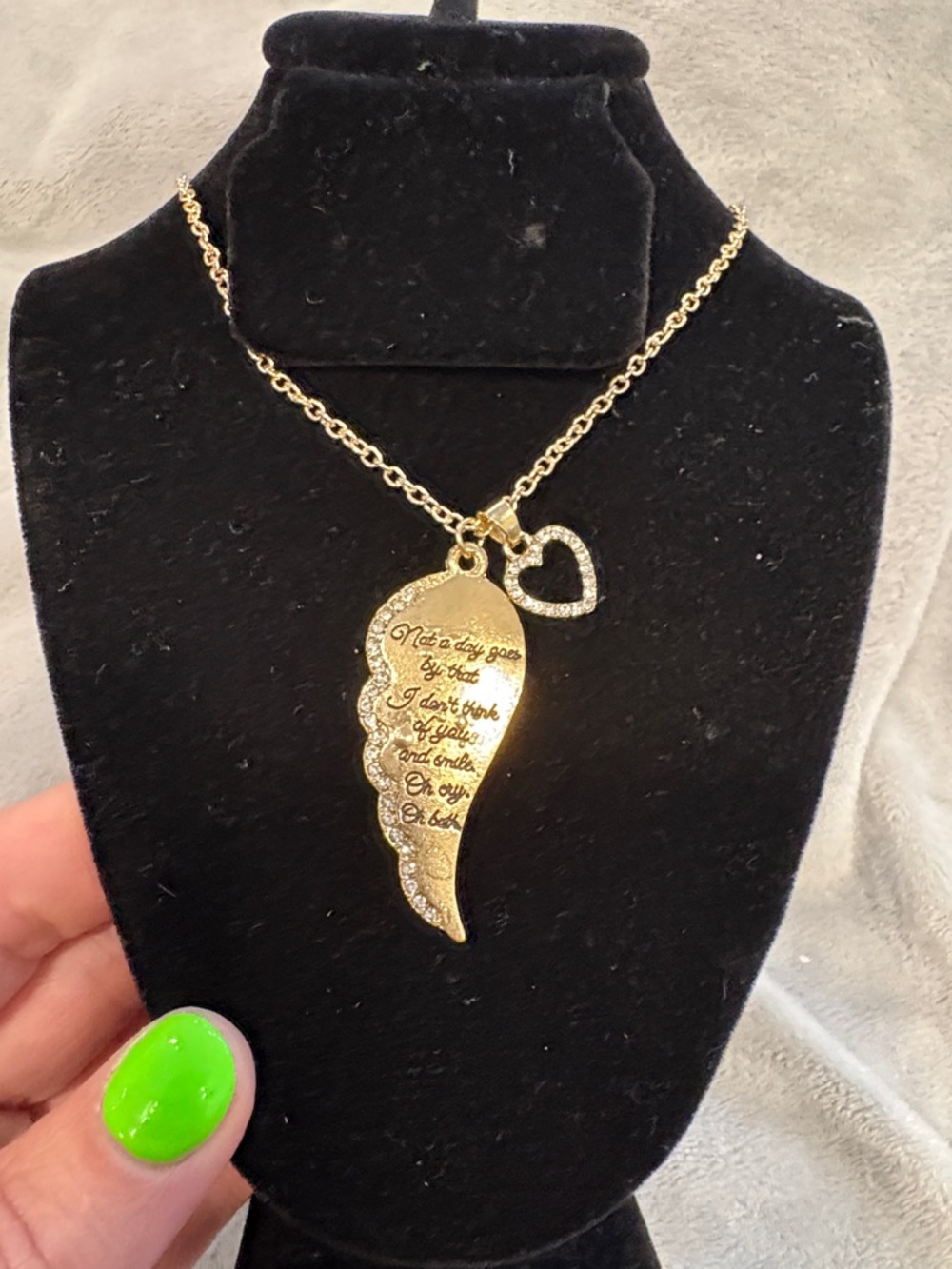 Gold Angel Wing Pendant Necklace with Heart Charm - Women Jewelry